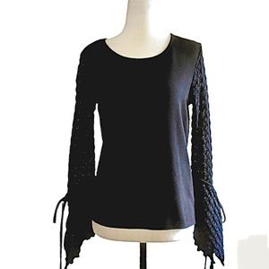 NWOT See by Chloé Black Crochet Longsleeve Bell Sleeve Ribbon Tie Top [Size 36]